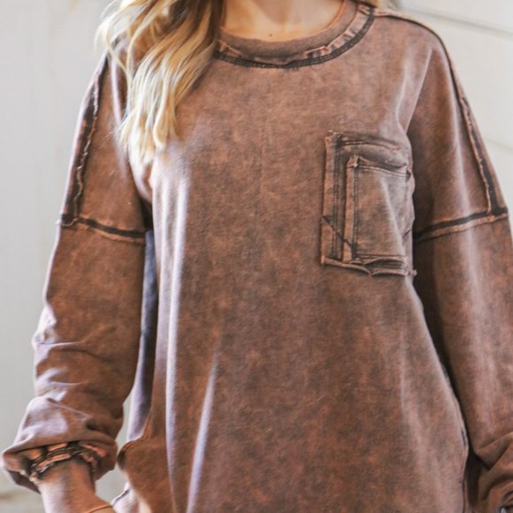 Zenana NWT Acid Wash Cotton Pullover with Side Pockets in Rust Brown - Picture 2 of 8